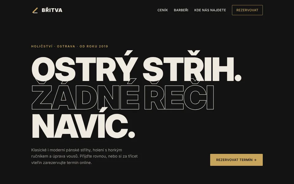 Úvodní stránka ukázkového webu Holičství Břitva