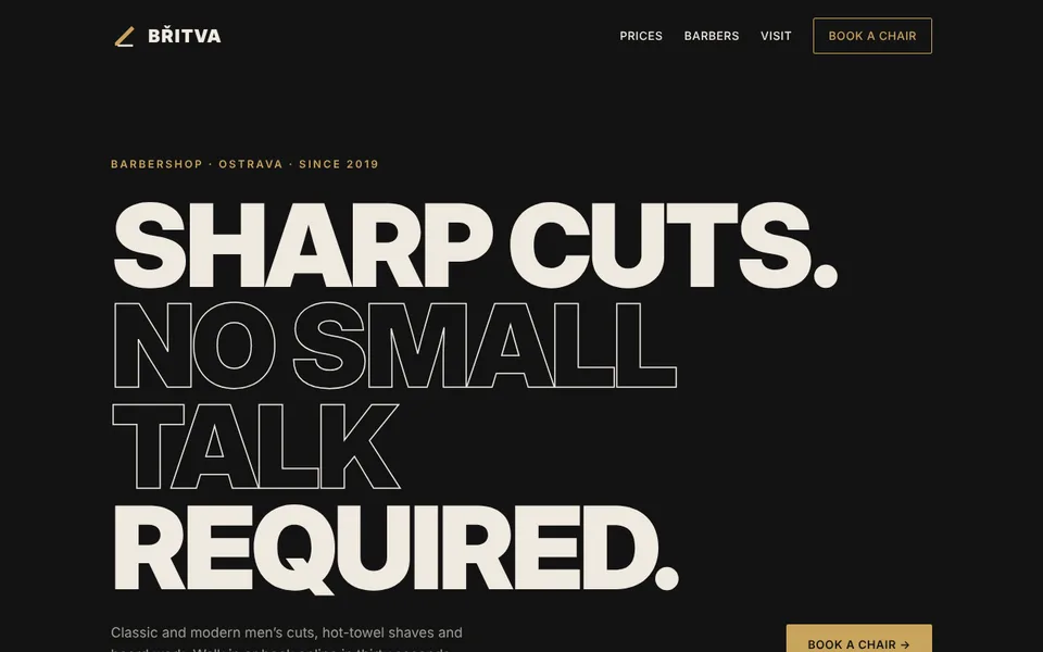 Homepage of the Břitva Barbershop concept website