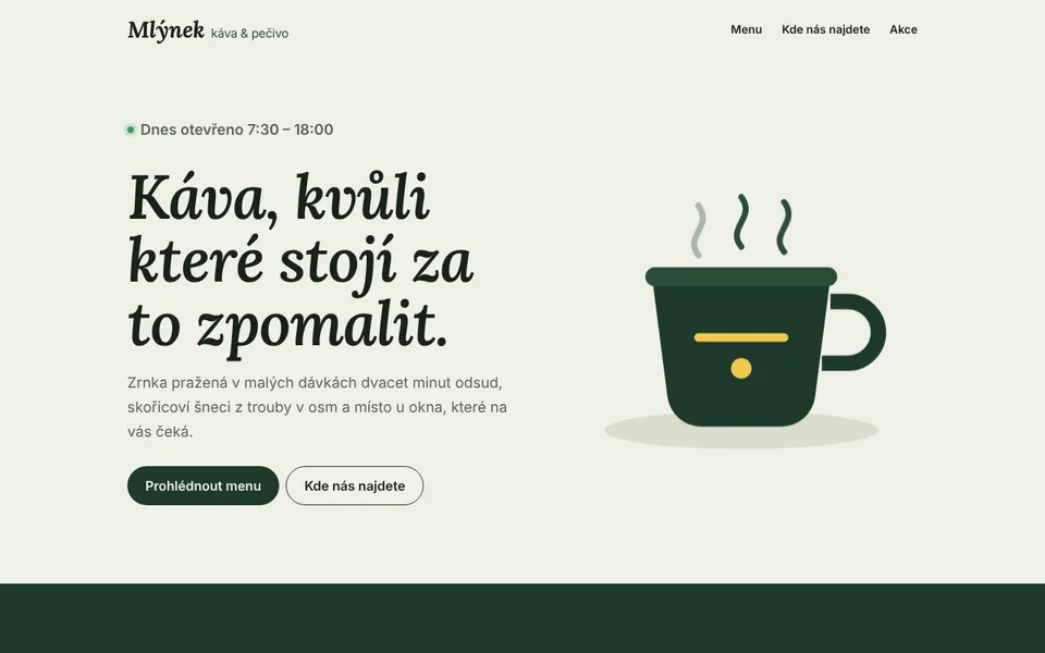 Úvodní stránka ukázkového webu Mlýnek