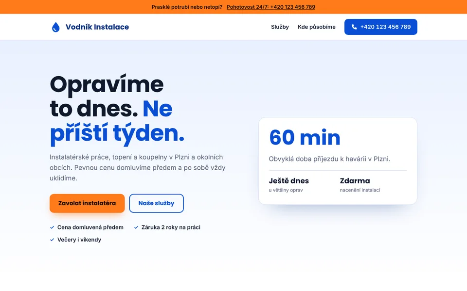Úvodní stránka ukázkového webu Vodník Instalace