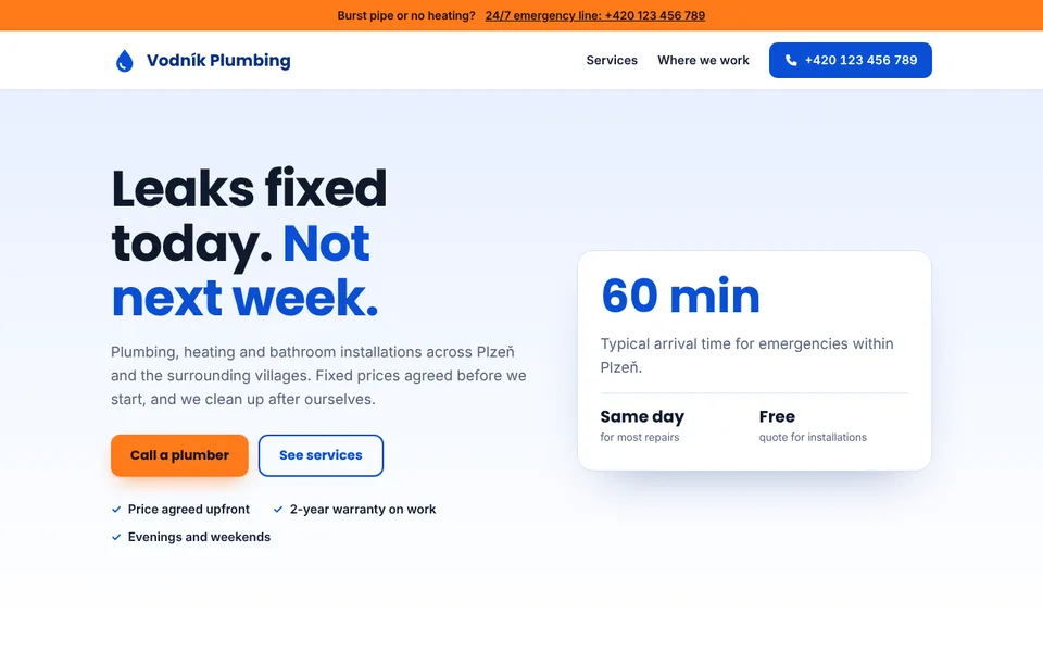 Homepage of the Vodník Plumbing concept website